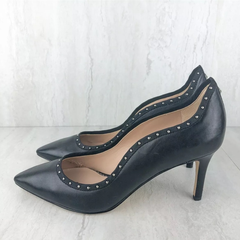Sam Edelman Tiana Black Leather Nailhead Studded Scallop 3" Stiletto Pump Size 8